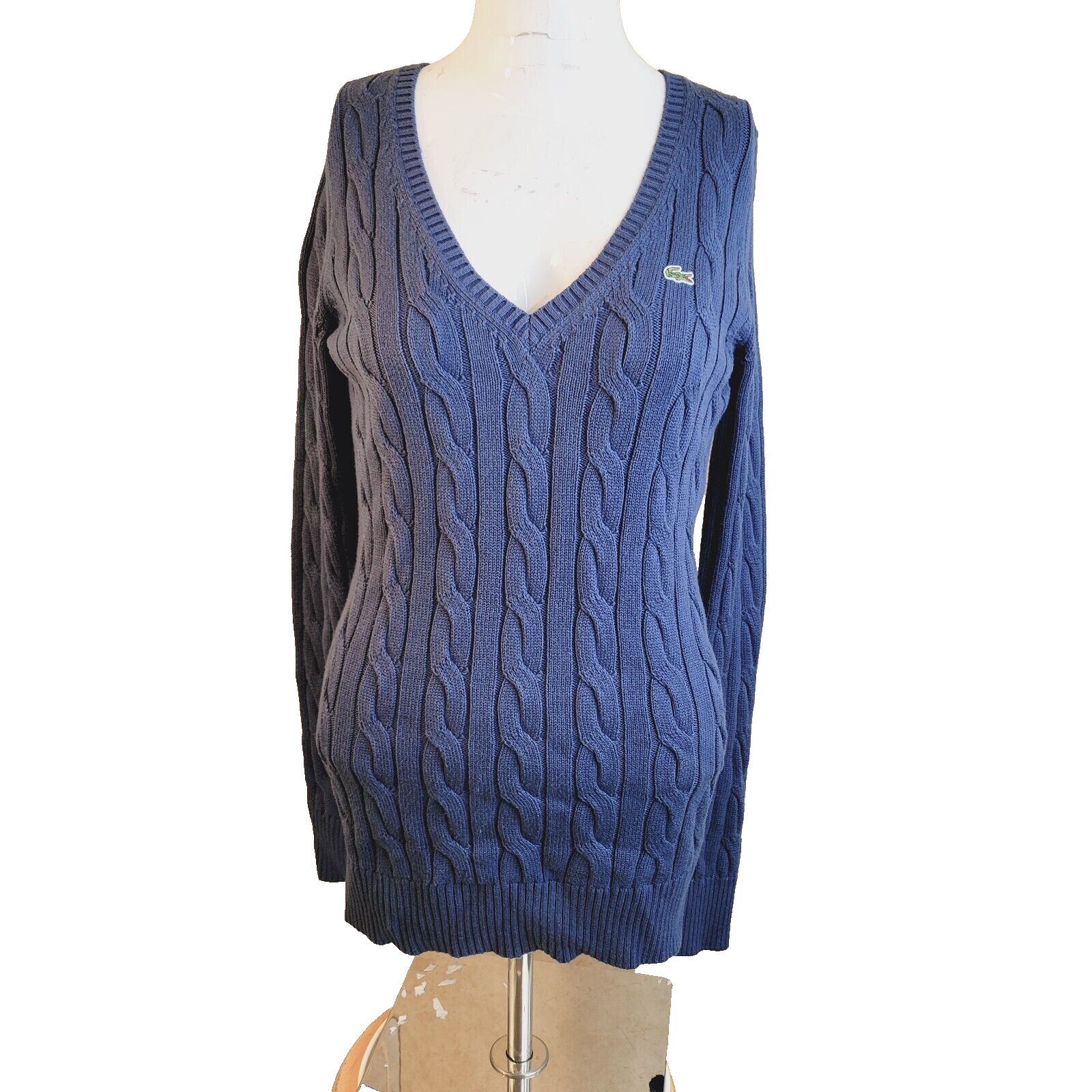 Lacoste Size 36 Sweater Women Pullover Ribbed Stretch V-Neck Design In France